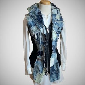 LOVEMATTERS Designer Black Corduroy & Patchwork Denim Hourglass Vest Size S